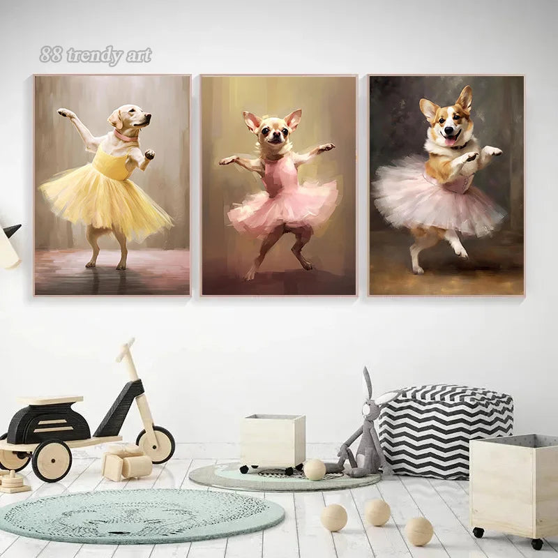 portraits de ballerine de chien art abstrait mural kawaii