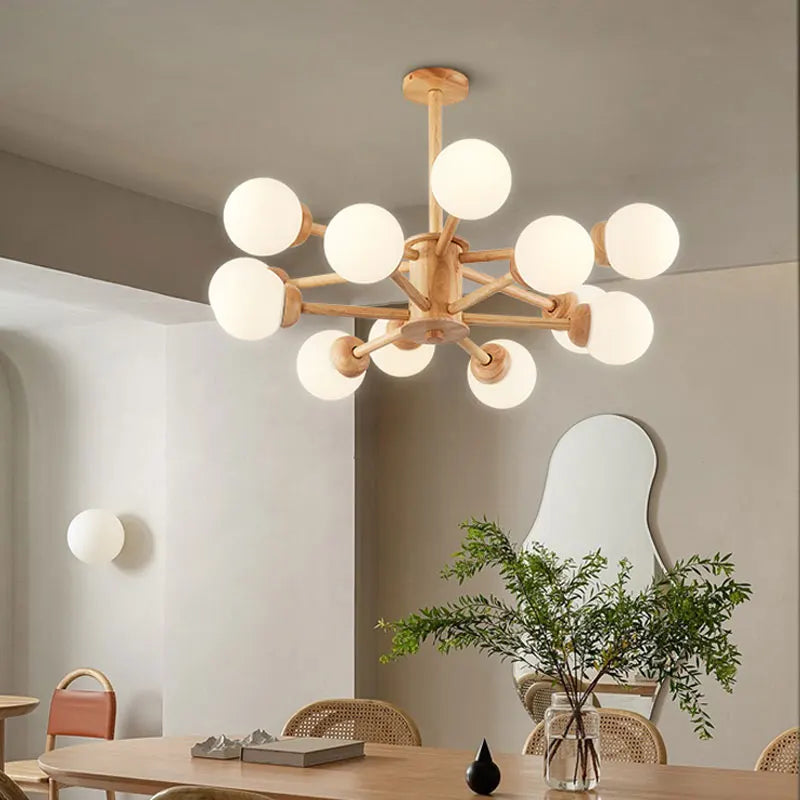 lustre en bois nordique avec boule de verre décorative - vue 3 sur 11