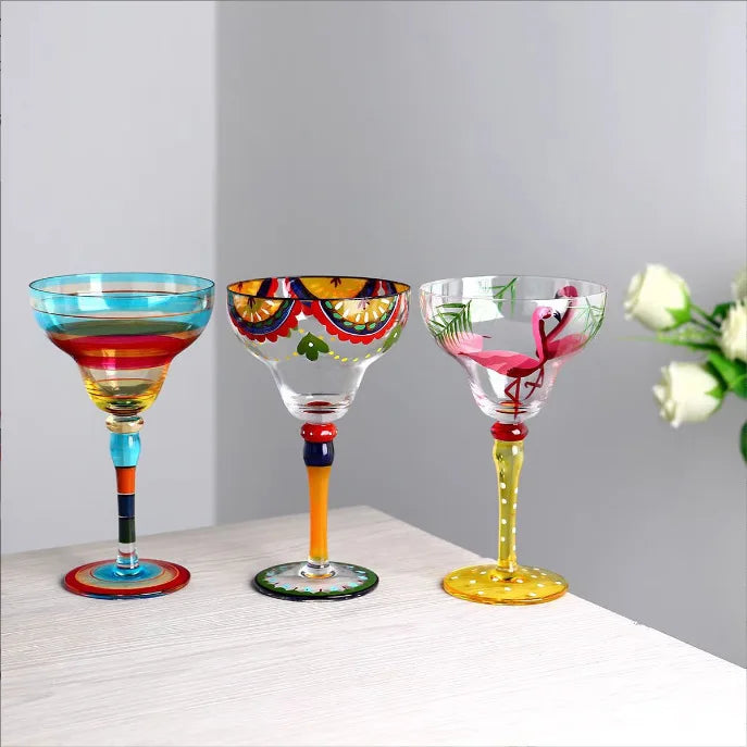 Verre cocktail margarita peint main motif flamant rayures