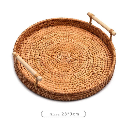 HEMU-Round Rattan Tray, Storage Basket, Tray with Wooden Handle, Bread, Fruit, Cake, Food Plate, Serving Tray for Home Kitchen - vue 9 sur 8