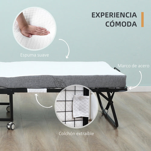 HOMCOM folding bed 200x80x42,5 cm with single mattress wheels living room office - vue 5 sur 6