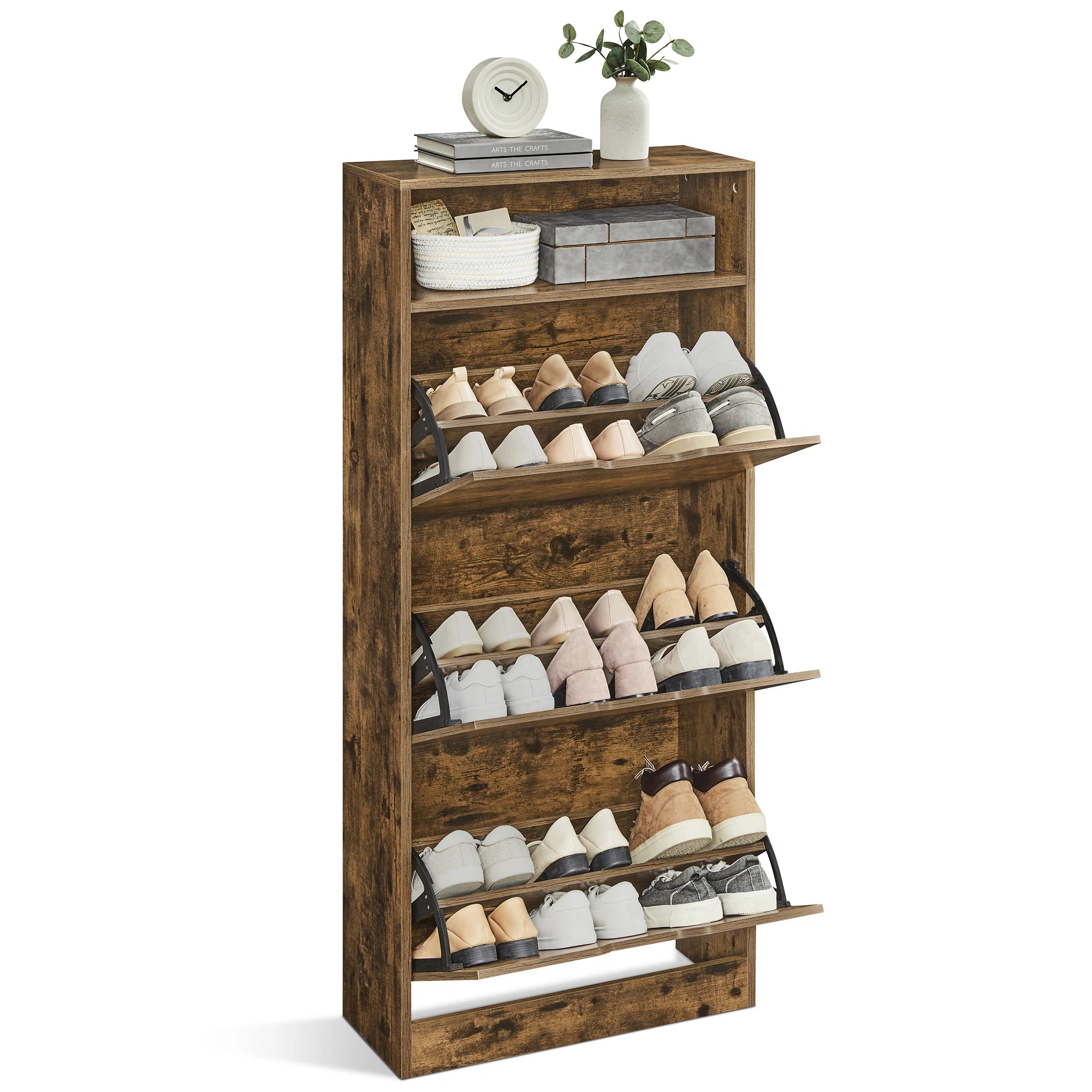 Shoe Cabinet with 3 Hinged Doors, Open Compartment, Adjustable Divider, 14 to 18 Pairs, 24 x 60 x 139 cm, Brown - vue 3 sur 8