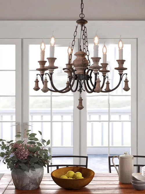 lustre rétro américain en bois massif à 6 têtes pour restaurant - vue 5 sur 7