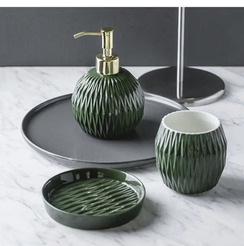 Nordic Bathroom, Dark Green Ceramic Embossed Shape, Soap Dispenser, Dish, Mouthwash Cup, Bathroom Supplies, Set - vue 3 sur 13