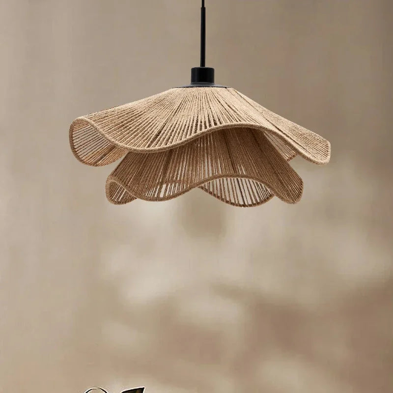 Cotton rope and straw hat nordic vintage pendant light - vue 3 sur 14