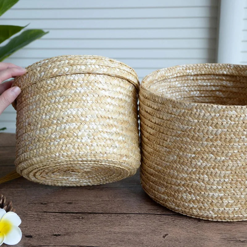panier de rangement rond en paille tissée avec couvercle polyvalent - vue 6 sur 10