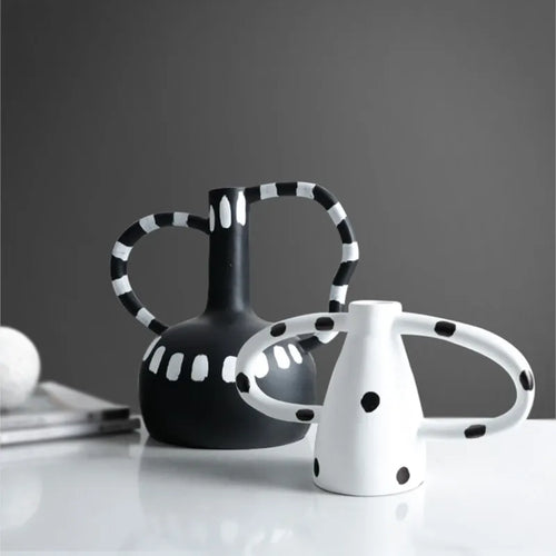 Black And White Polka Dot Double Ear Vase Decoration, Cave Style Homestay Sample Board Room Minimalist Flower Set - vue 3 sur 8