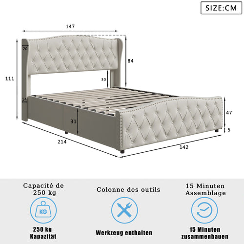 160 x 200 cm Modern Double Bed, Bed with Storage Space and Backrest, with Slatted Frame, Load-Bearing 250 kg, without Mattress - vue 3 sur 8