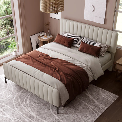 Cushion bed double bed 140x200 cm, bed frame with slatted frame and adjustable headboard, upholstered bed in gray-beige, bed - vue 3 sur 6