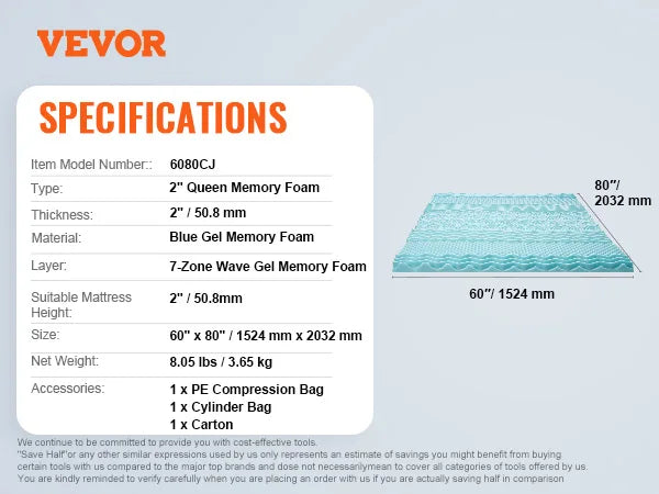 VEVOR Mattress Topper Queen Size 2" / 3" Thickness Soft Memory Foam Mattress Pad, Cooling Gel Infusion Comfy Support for Any Bed