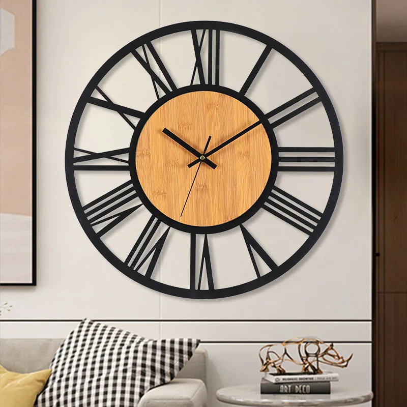 horloge murale 3D rétro avec chiffres romains en bois et métal - vue 5 sur 7