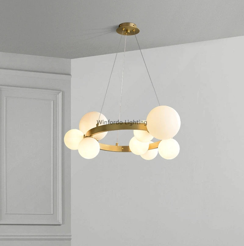 Lustre LED design doré rond à boules en verre - vue 5 sur 18