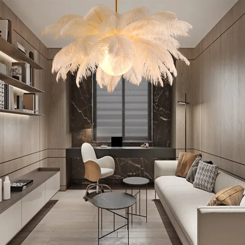 luminaire suspendu luxe plume d'autruche led style nordique - vue 4 sur 13