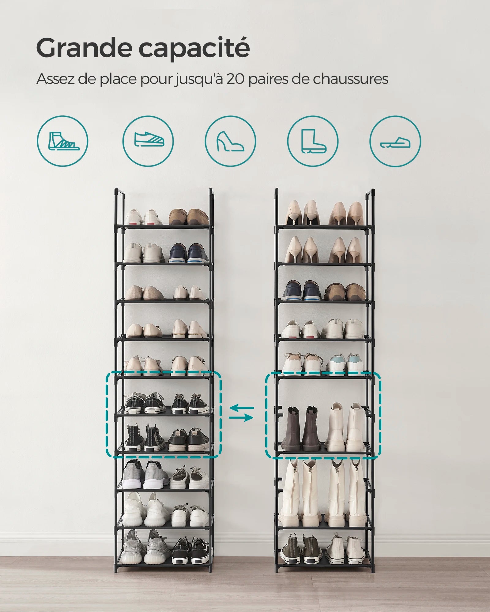 SONGMICS Shoe Rack, 10 Tiers, Narrow Shoe Rack, 28 x 45 x 173 cm, Metal Frame, Non-Woven Fabric Shelves, Hallway, Bedroom