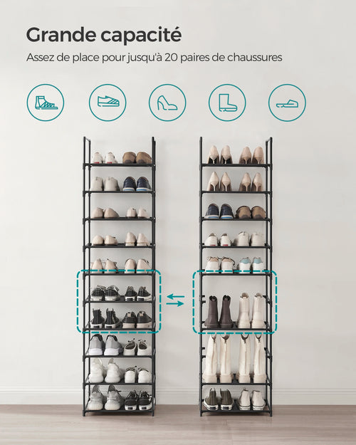 SONGMICS Shoe Rack, 10 Tiers, Narrow Shoe Rack, 28 x 45 x 173 cm, Metal Frame, Non-Woven Fabric Shelves, Hallway, Bedroom - vue 3 sur 7