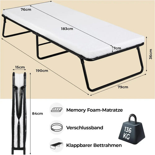 Folding Bed,Adult Guest Bed,80x190cm with 7cm Thick Memory Foam Mattress, Single Bed, Foldable Bed with Mattress Portable - vue 4 sur 6