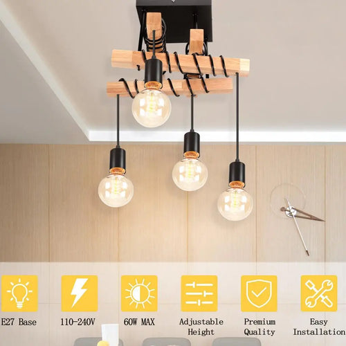 Vintage industriel bois plafond suspension lumières rétro Loft éclairage cuisine île suspension lampe Restaurant lustres Luminaire - vue 7 sur 7