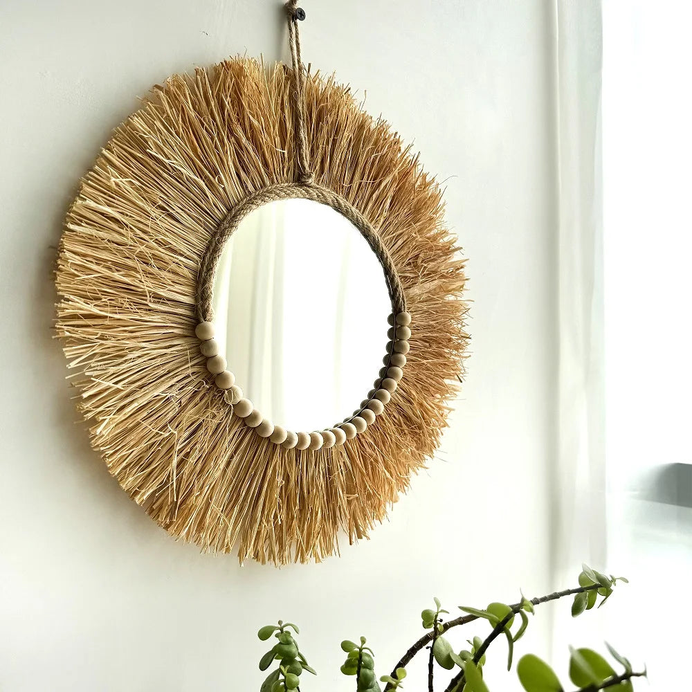 miroir mural bohème en raphia fait main avec perles en bois - vue 6 sur 5