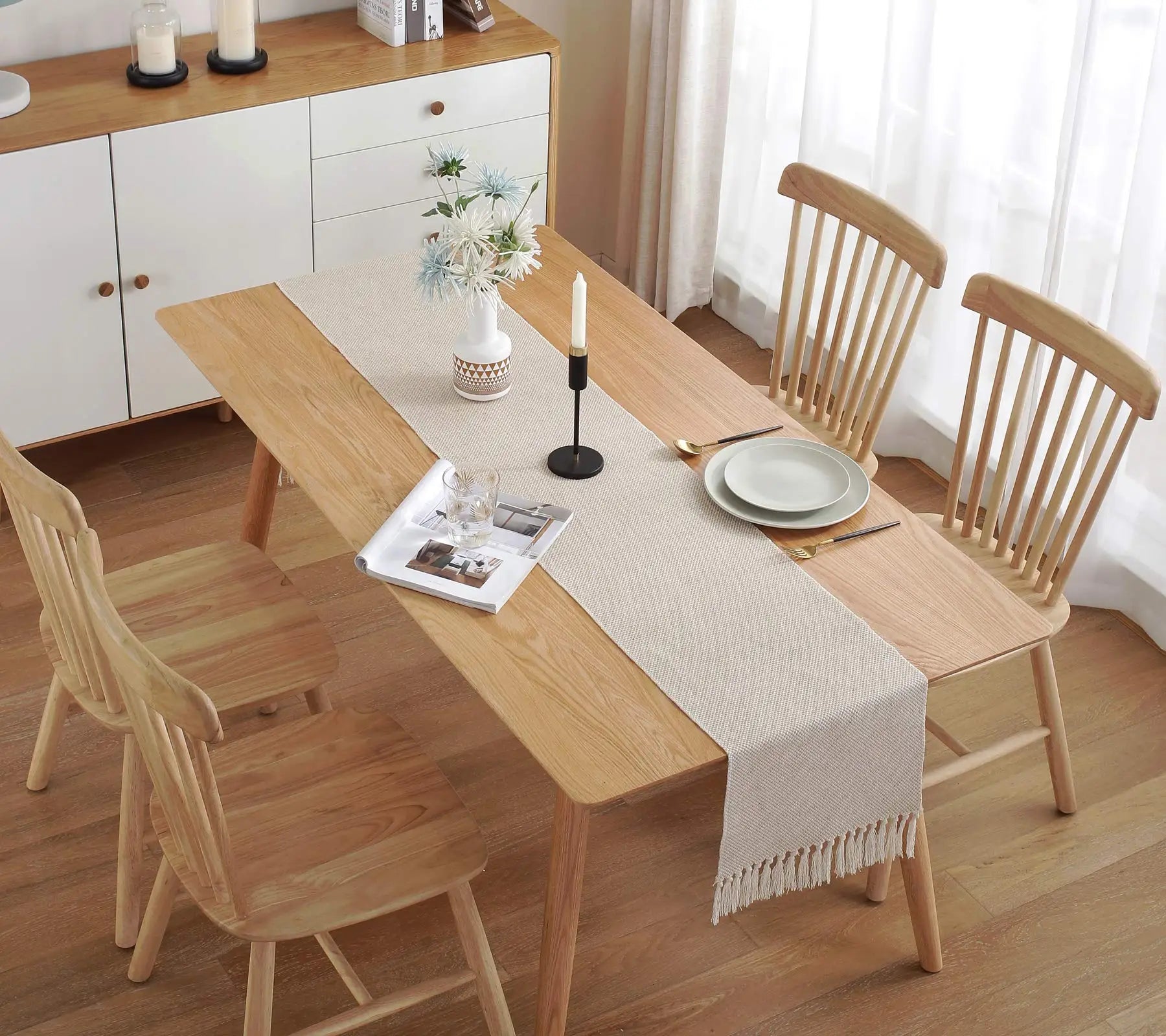 Chemin de table lin rustique brodé beige campagne - vue 7 sur 7