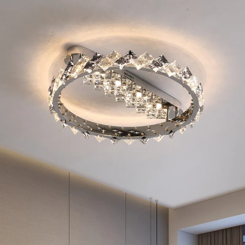 lustre moderne en acier inoxydable chrome avec éclairage en cristal - vue 2 sur 10