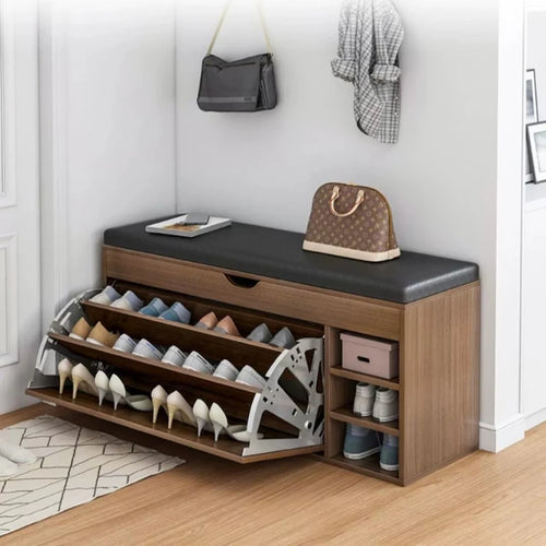 Home Shoe Cabinet with Bench, Anti-Dust Shoe Storage Bench, Multi-Layer Wooden Organizer with Cushion and Stable Structure - vue 2 sur 13