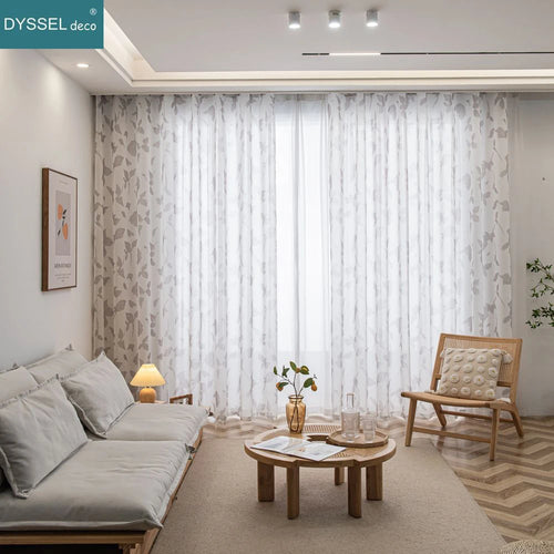 Voilage texture lin motif feuilles erable style champetre