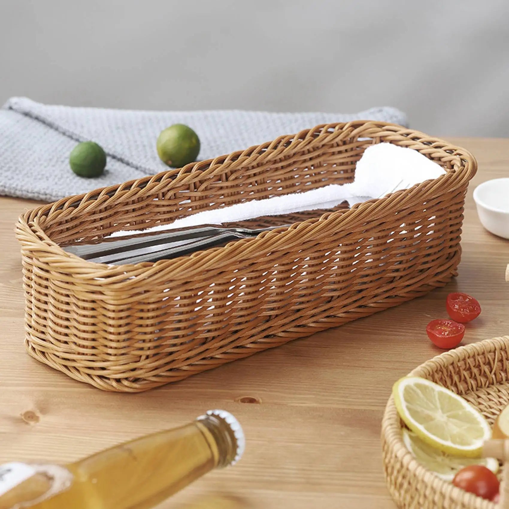 Desktop Cutlery Storage Basket Woven Basket Restaurant Tableware Drain Storage Box Tableware Storage Basket, Brown - vue 5 sur 7
