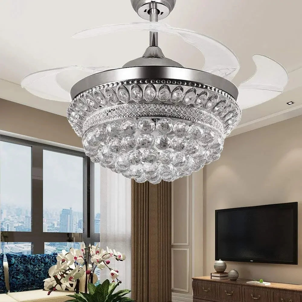 Chrome crystal ceiling fan chandelier with changing LED light