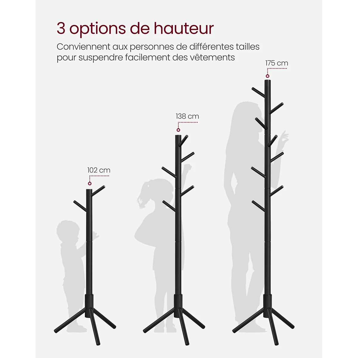 VASAGLE Standing Coat Rack, Solid Wood Coat Rack, Tree-Shaped Coat Rack with 8 Hooks, 3 Height Options, for Clothes, Hats, Bags - vue 4 sur 8