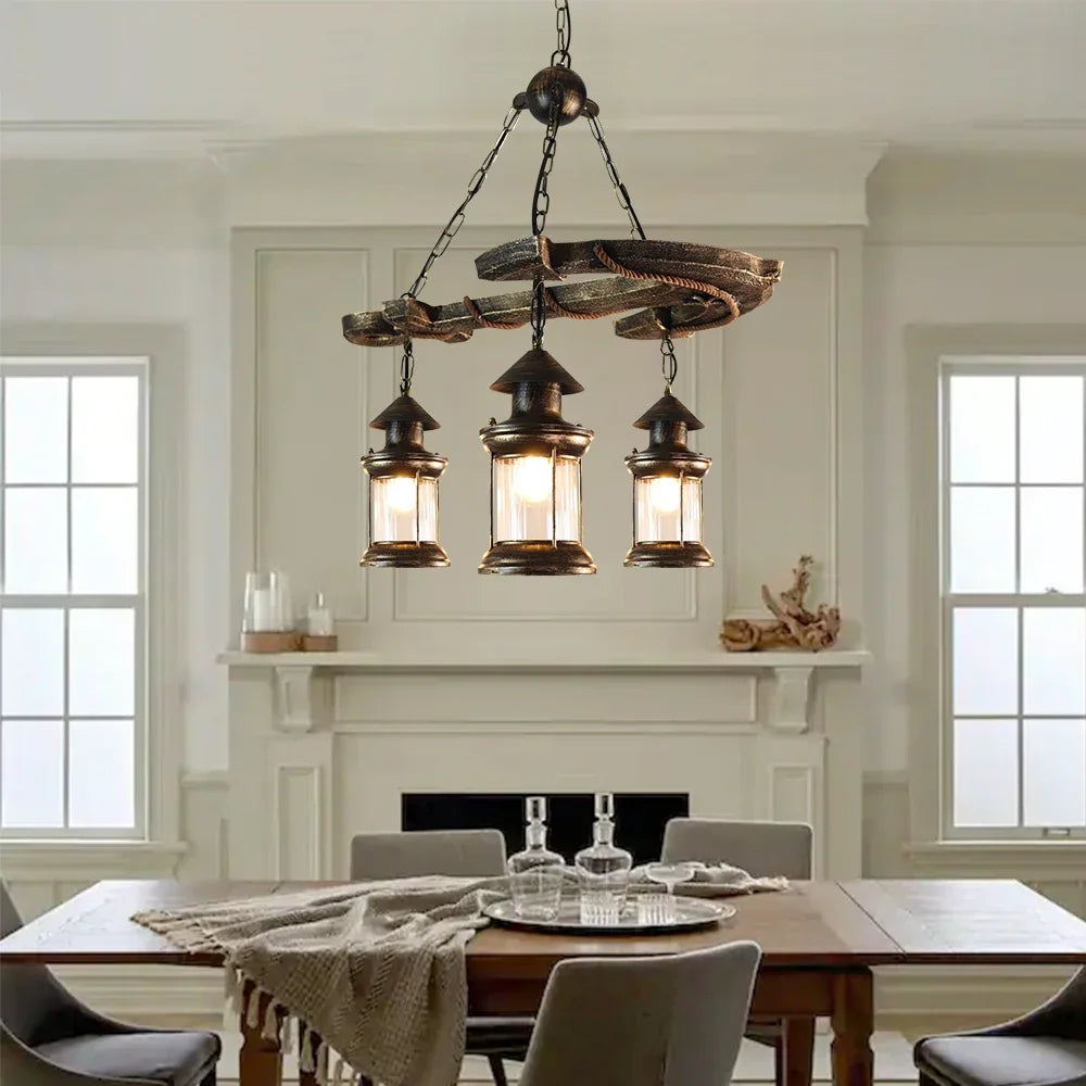 lustre rétro en bois et verre pour décoration élégante - vue 5 sur 8