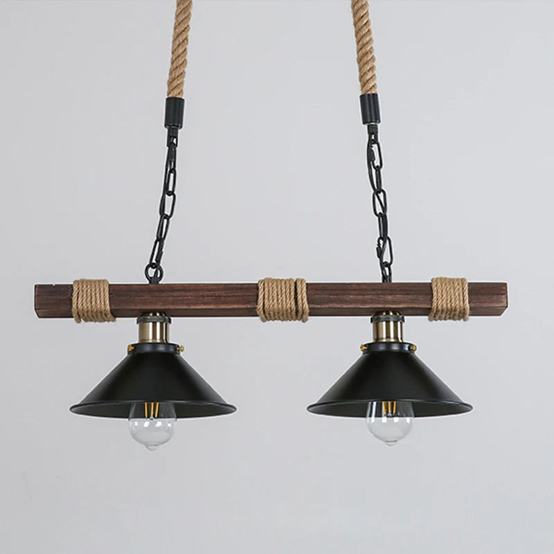 Vintage industrial chandelier in solid wood with hemp rope - vue 5 sur 7