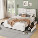 Upholstery bed, 140x200cm, bed with slatted frame (without mattress), bed with four drawers, minimalist style, linen, beige