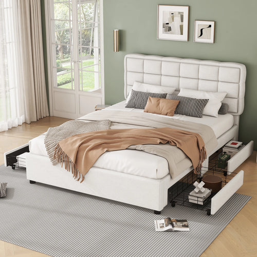 Upholstery bed, 140x200cm, bed with slatted frame (without mattress), bed with four drawers, minimalist style, linen, beige - vue 3 sur 6
