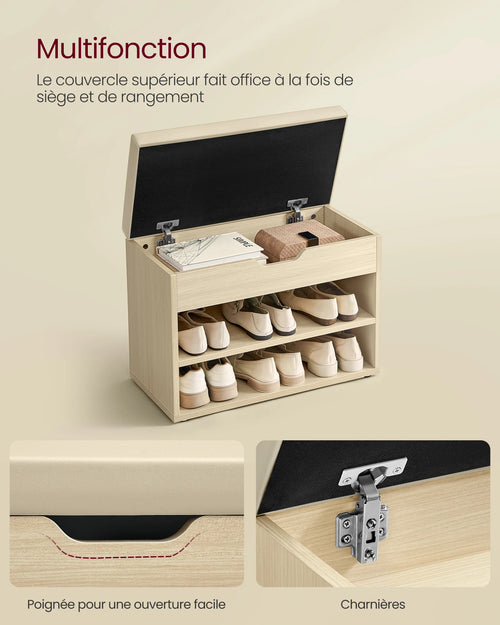 VASAGLE Shoe Bench, Bench, Shoe Rack with Padded Cushion, Shoe Organiser with 3 Levels, 30 x 60 x 44 cm, for Hallway - vue 3 sur 8