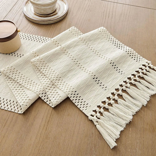 Chemin de table macramé bohème ivoire franges tissé