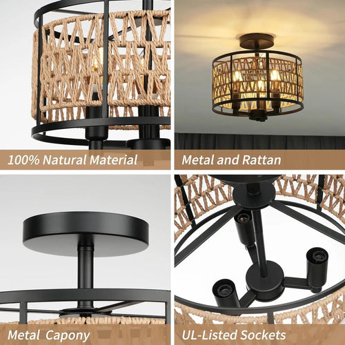Plafonnier à trois lampes pour chambre à coucher salon plafonnier E12 lampes de plafond en corde de papier AC 110V luminaires décoratifs - vue 4 sur 6