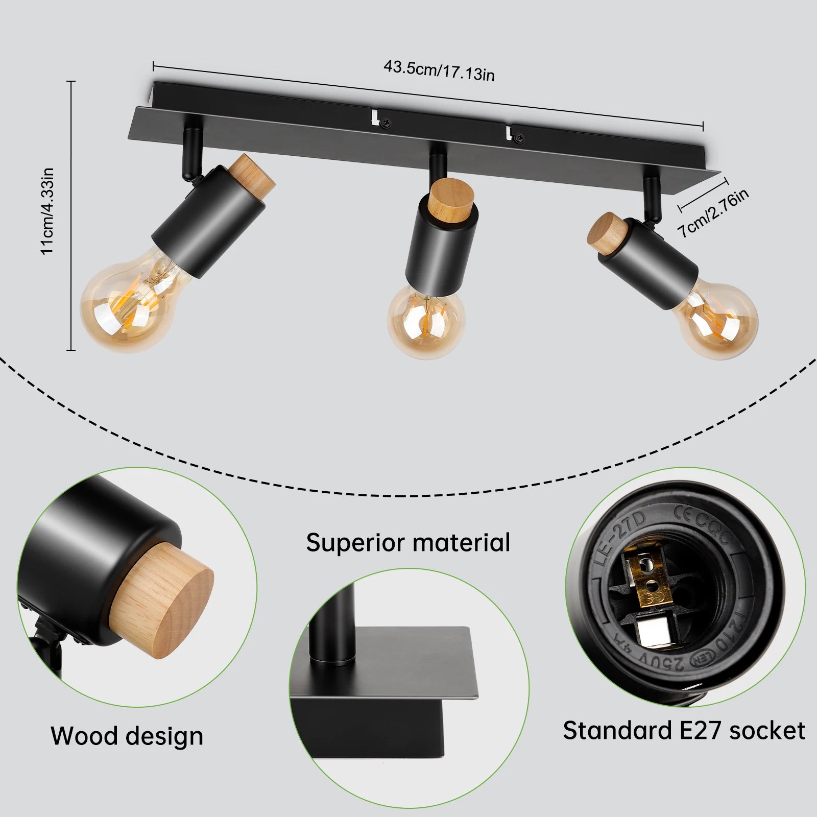 plafonniers Kimjo noir bois rotatif Spot luminaires plafond E27 - vue 4 sur 6