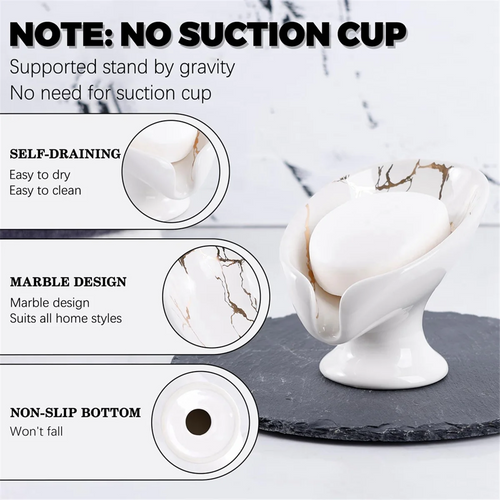 Soap Dish, Ceramic Soap Holder Self Draining Marble Look Leaf-Shape Soap Dishes for Bathroom,White - vue 3 sur 6