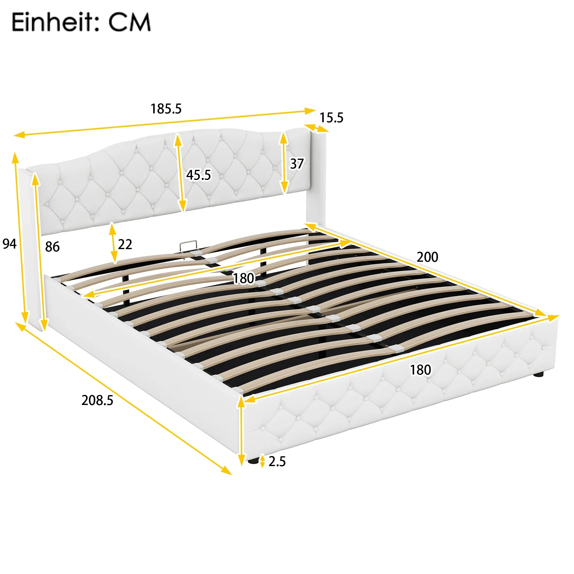 VSOGA 180 X 200CM Multifunctional Flat Bed with Hydraulic Storage, White