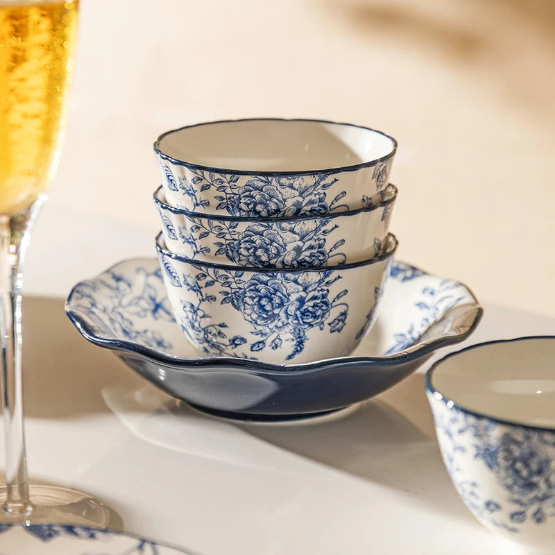 Service assiettes ceramique vintage motif fleurs champetre