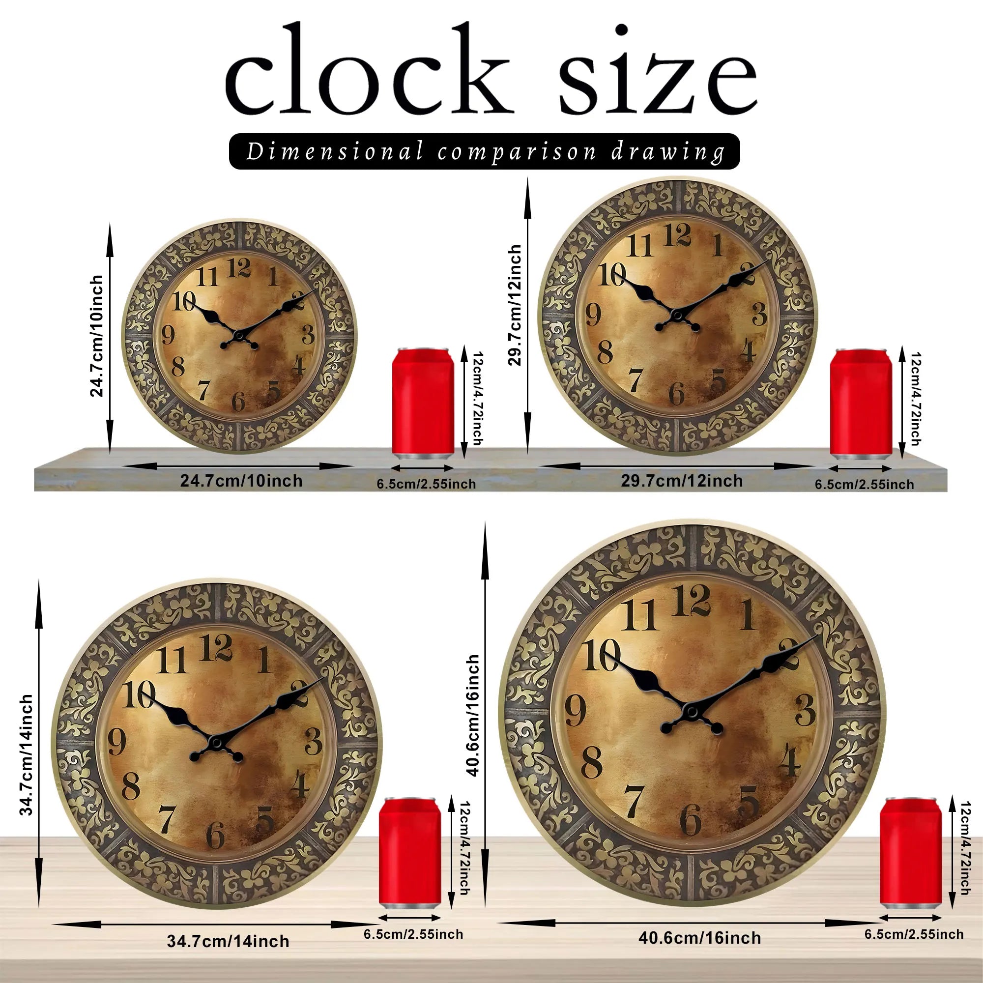 Wooden silent wall clock, antique brass pattern design, modern design, home decoration, living room dining room decoration - vue 3 sur 7