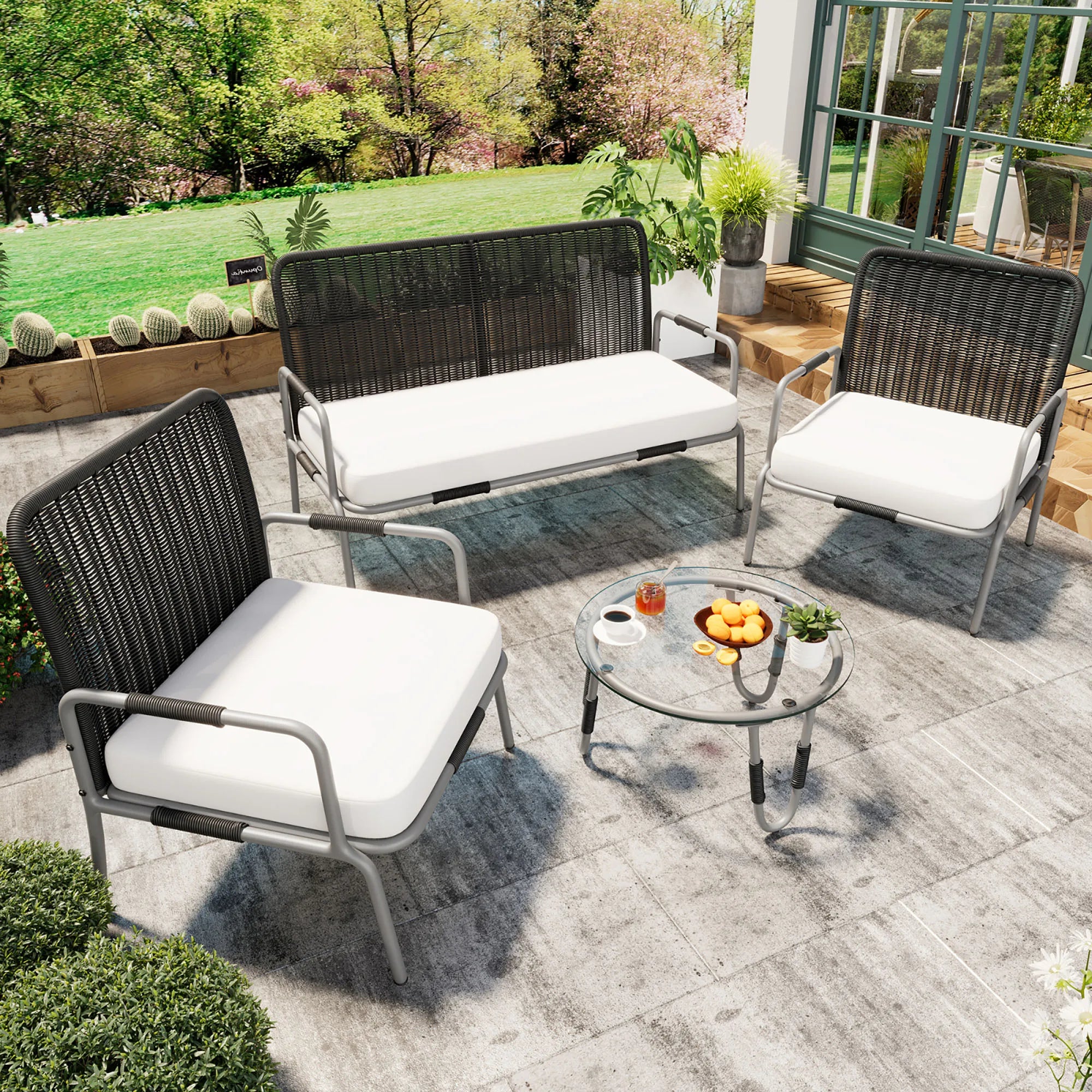Poly Rattan Furniture Set with Armchair, Coffee Table &amp; Cushions, Removable and Washable Fabric Cover Garden Furniture Set - vue 1 sur 7