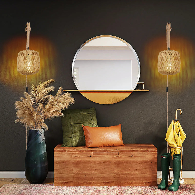 applique murale led en rotin tissée rétro avec corde de chanvre