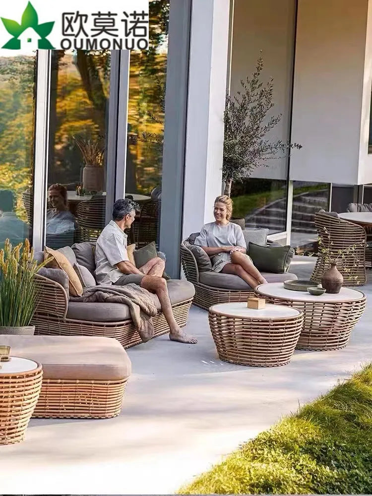 canapé extérieur en teck avec table basse et lit - vue 2 sur 24