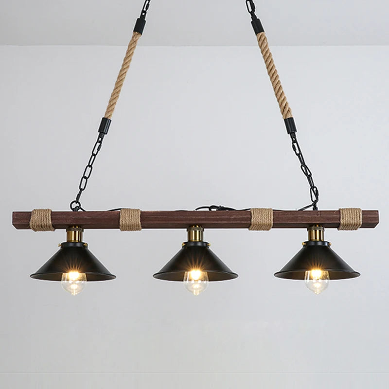 Vintage industrial chandelier in solid wood with hemp rope