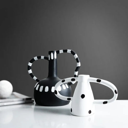 Black And White Polka Dot Double Ear Vase Decoration, Cave Style Homestay Sample Board Room Minimalist Flower Set - vue 4 sur 8