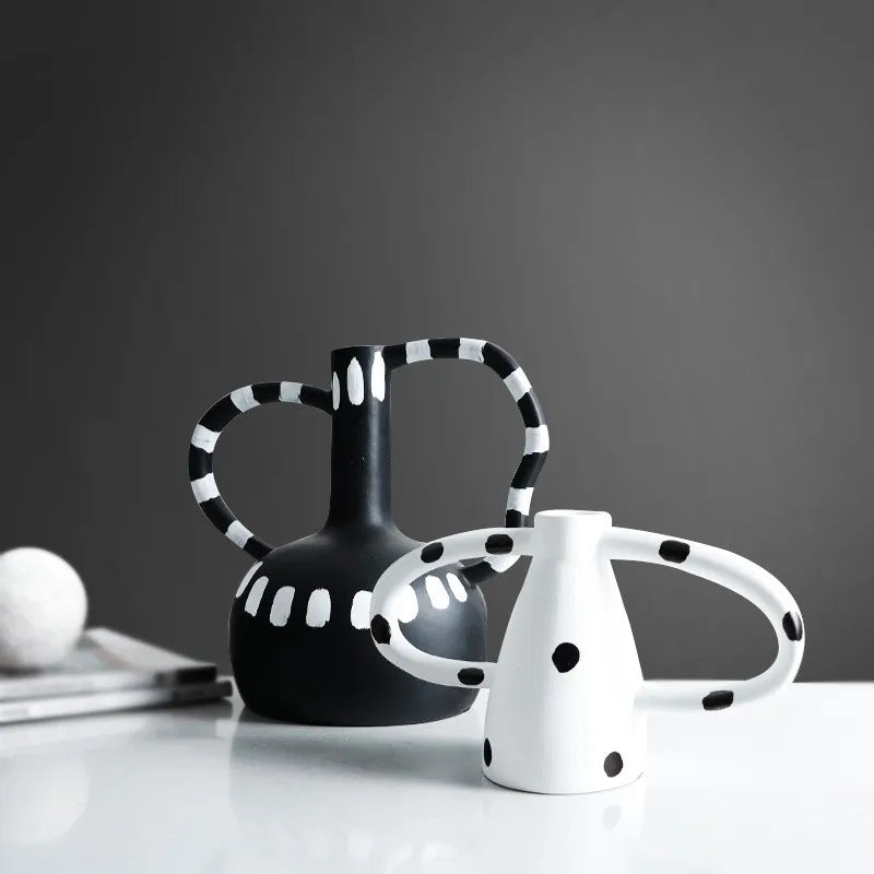 Black And White Polka Dot Double Ear Vase Decoration, Cave Style Homestay Sample Board Room Minimalist Flower Set - vue 3 sur 8