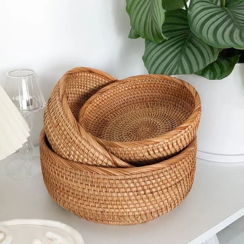 Round Rattan Woven Basket, Wicker Fruit Basket, Bread Food Kitchen Home Decor Organizer, Breadbasket For Kitchen - vue 2 sur 12
