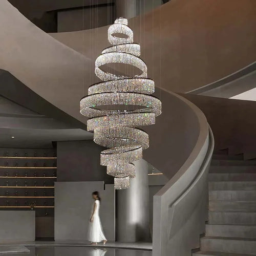 Escalier de luxe LED en Cristal lustre pour salon hall grand anneau moderne Cristal suspendu éclairage Chrome longue lampe d'intérieur - vue 4 sur 13