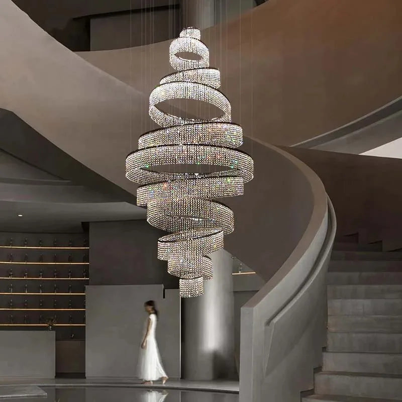 Escalier de luxe LED en Cristal lustre pour salon hall grand anneau moderne Cristal suspendu éclairage Chrome longue lampe d'intérieur - vue 4 sur 13